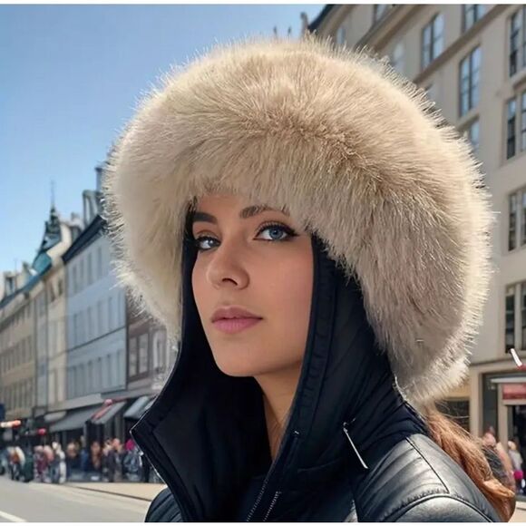 Beige/Light Tan Faux Fur Wide Brim Winter Hat - Picture 1 of 5